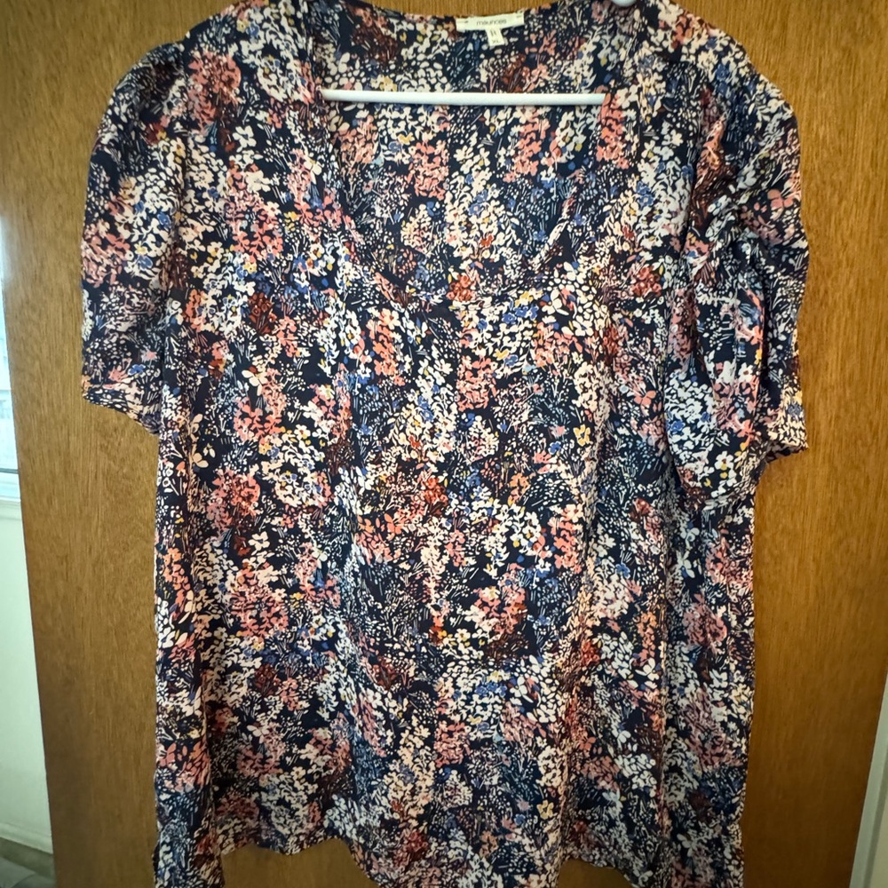 Maurices Navy Floral Short Sleeve Blouse with Pink Accents